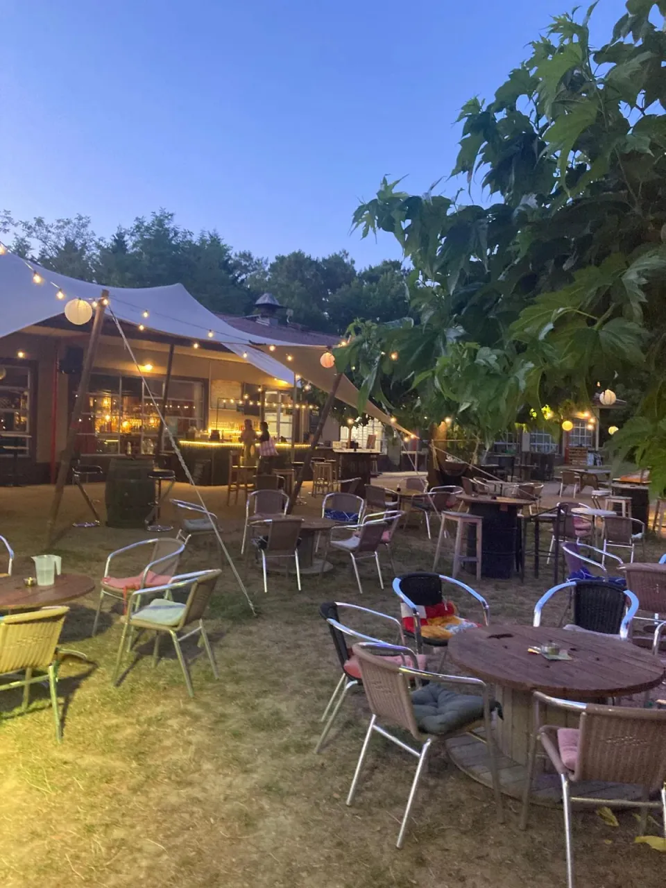 La guinguette au crépuscule, tables sous les guirlandes